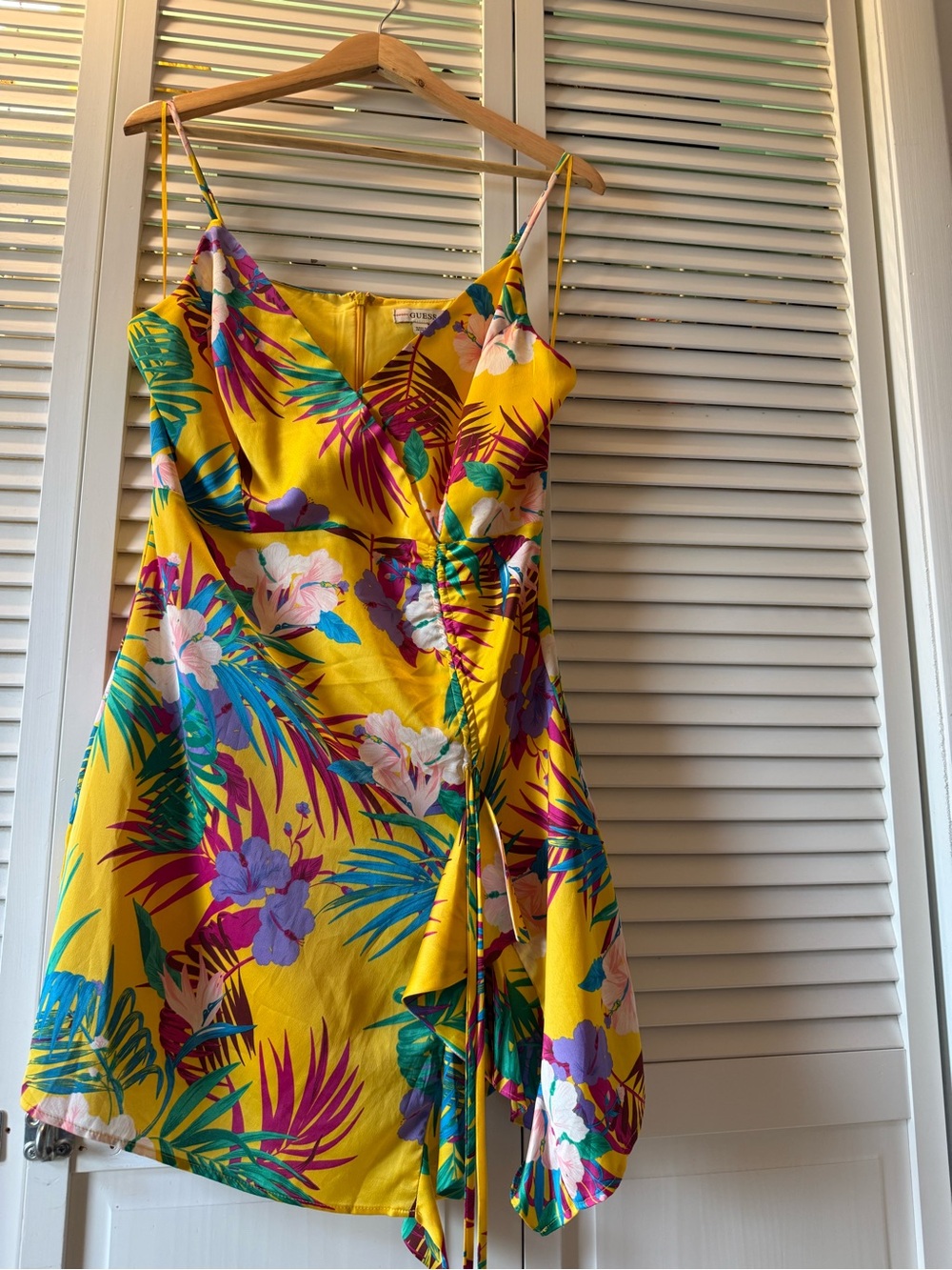 Guess Yellow Tropical Floral Mini Wrap Dress